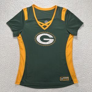 Green Bay Packers Majestic Women’s XL Criss Cross V-Neck Rhinestone Top NFL‎ Fan